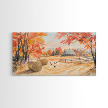 Carregar imagem no visualizador da galeria, Autumn farmhouse decor Canvas Print fall landscape with barn and chickens harvest season gift idea rustic fall wall art holiday home decor
