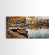 Cargar imagen en el visor de la galería, Fall lake house decor Framed Canvas Print serene lakeside cabin canoe rustic autumn wall art seasonal decor gift idea cozy fall home decor
