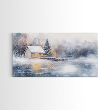 Load image into Gallery viewer, Christmas winter cabin Framed Canvas Print snowy lakeside cabin Christmas tree cozy holiday decor winter wonderland art Christmas wall decor
