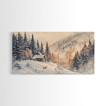 Load image into Gallery viewer, Christmas winter cabin Canvas Print snowy mountain cabin deer cozy holiday wall art winter wonderland seasonal decor Christmas gift idea
