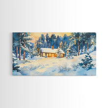 Load image into Gallery viewer, Winter cabin decor Framed Canvas Print snowy cabin and trees winter wonderland cozy holiday wall art gift idea Christmas home decor

