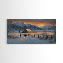 Load image into Gallery viewer, Dawn on the Frontier - Christmas scene art, winter wonderland, rustic Christmas art, Christmas farmhouse decor, snowy mountain art
