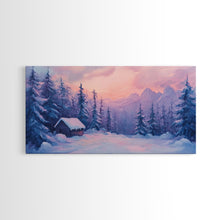 Load image into Gallery viewer, Cozy Cabin Surrounded By Winter Trees Tall Art Framed Canvas Print Serene Snowy Forest Cabin Landscape With Warm Interior Lights

