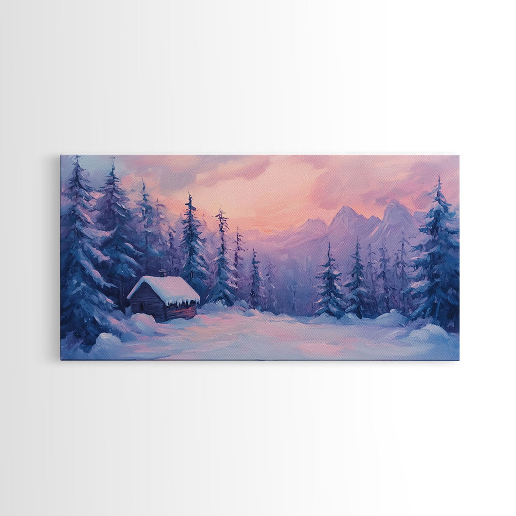 Cozy Cabin Surrounded By Winter Trees Tall Art Framed Canvas Print Serene Snowy Forest Cabin Landscape With Warm Interior Lights