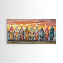 Carregar imagem no visualizador da galeria, Fall Surfboards Beach Art Print Canvas Wall Art Autumn Surfboard Beach Scene Seasonal Wall Art Framed Canvas Print Fall Beach Decor
