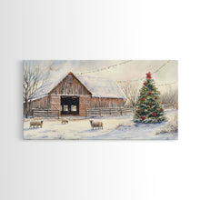 Cargar imagen en el visor de la galería, Christmas Barn Snow Sheep Canvas Print Christmas Farmhouse Decor Rustic Christmas Wall Art Framed Canvas Print Christmas Outdoor Decor
