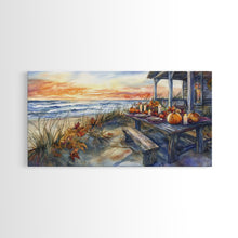 Load image into Gallery viewer, Beach Thanksgiving Table Pumpkins Canvas Print Fall Beach Decor Autumn Coastal Wall Art Framed Canvas Print Seasonal Wall Art
