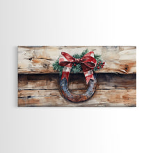 Cargar imagen en el visor de la galería, Festive horseshoe Christmas art, rustic holiday decor, farmhouse holiday gift idea, cozy winter home decor, framed canvas print
