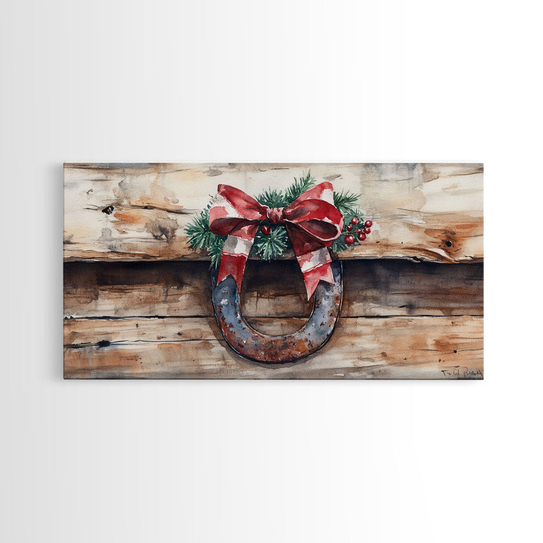 Festive horseshoe Christmas art, rustic holiday decor, farmhouse holiday gift idea, cozy winter home decor, framed canvas print