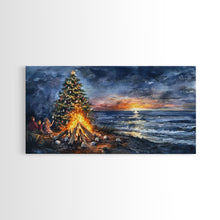 Carregar imagem no visualizador da galeria, Beach Christmas decor with bonfire, sunset coastal holiday wall art, Christmas tree print, festive coastal art gift, framed canvas print

