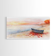 Carregar imagem no visualizador da galeria, Autumn beach landscape art, fall sunset wall art, coastal boat decor, beach fall home decor, seasonal wall art gift, framed canvas print
