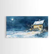 Cargar imagen en el visor de la galería, Coastal Christmas cabin decor, winter beach house art, snowy holiday seaside print, cozy Christmas wall art, framed canvas print
