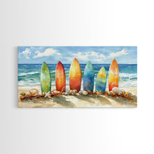 Load image into Gallery viewer, Colorful surfboards Christmas wall art, beach holiday decor, coastal Christmas art, framed canvas print, tropical Christmas art gift
