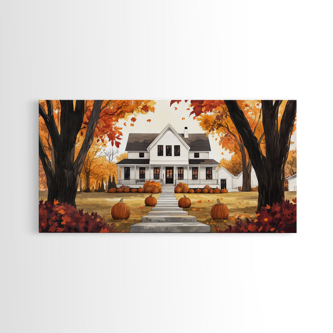 Fall farmhouse pumpkin decor, autumn country home art, rustic fall wall print seasonal wall decor, framed canvas print, autumn farmhouse art
