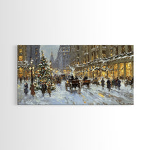 Carregar imagem no visualizador da galeria, Bustling Christmas Street Scene Tall Art Framed Canvas Print Vintage Winter Holiday Scene With Horse-Drawn Carriages And Festive Lights
