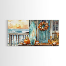 Load image into Gallery viewer, Coastal Surfboard and Pumpkins Fall Scene, Framed Canvas Print, Autumn Beach Decor, Fall Home Decor, Wall Art, Coastal Autumn Wall Print
