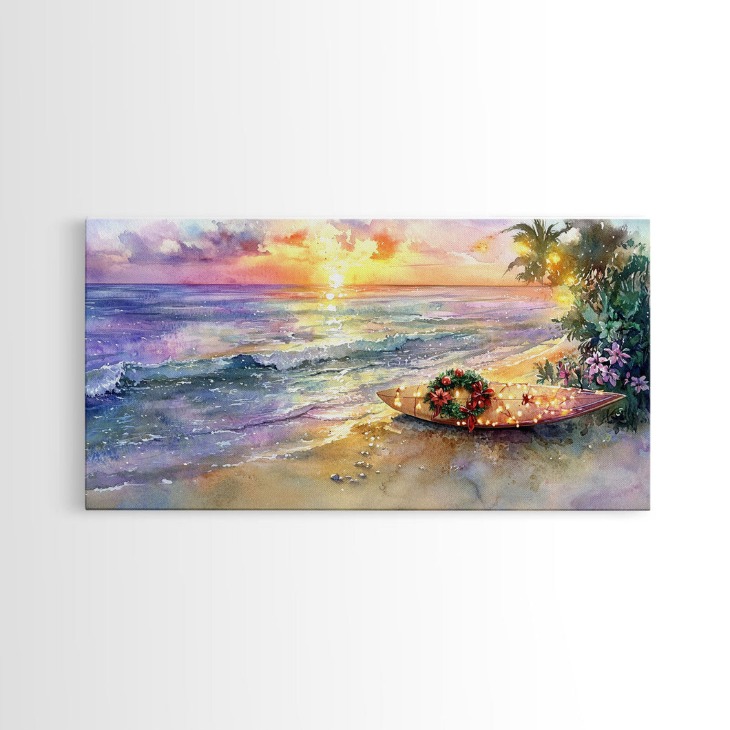 Christmas Surfboard Beach Decor Canvas Print | Tropical Coastal Christmas Art | Beach Christmas Wall Art | 2024 Holiday Decor | Gift Idea