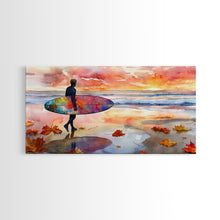 Carregar imagem no visualizador da galeria, Autumn Surfing Sunset Canvas Print | Fall Surf Art Gift | Seasonal Wall Art Decor | Gift Idea | Beach Decor Fall Theme | Framed Canvas Print
