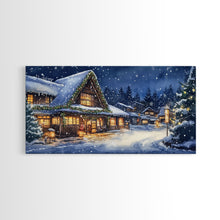 Load image into Gallery viewer, Cozy Snowy Christmas Cabin Scene Canvas Print | Winter Wonderland Christmas Wall Art | Rustic Christmas Decor | 2024 Holiday Art Gift
