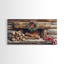 Load image into Gallery viewer, Cozy Cabin Fireplace Christmas Canvas Print | Rustic Christmas Wall Art | Holiday Home Decor | Christmas Mantle Decor | 2024 Christmas Gift
