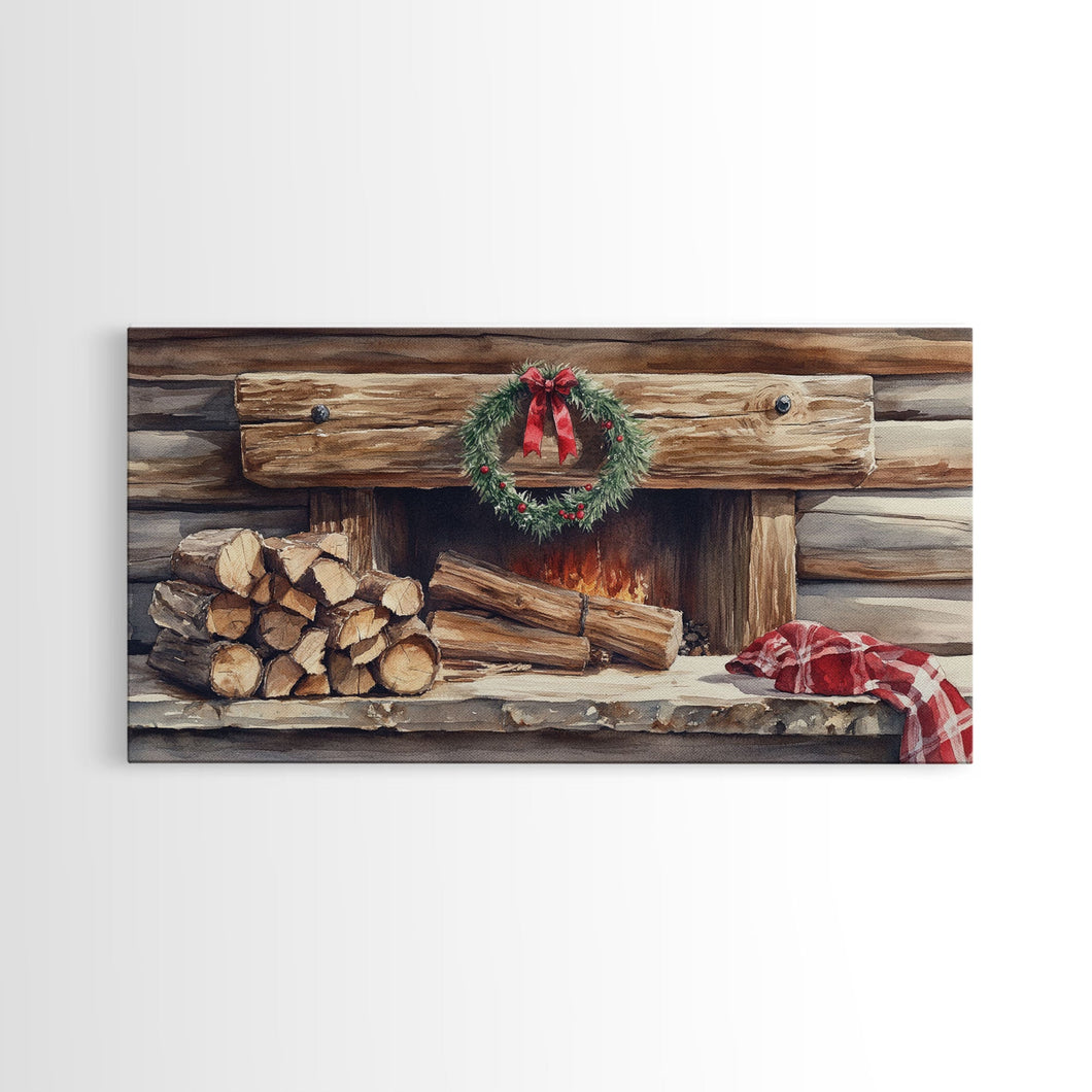 Cozy Cabin Fireplace Christmas Canvas Print | Rustic Christmas Wall Art | Holiday Home Decor | Christmas Mantle Decor | 2024 Christmas Gift
