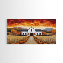 Carregar imagem no visualizador da galeria, Autumn pumpkin farm with barn, canvas print, fall farmhouse decor, rustic autumn home decor, cozy fall harvest wall art for seasonal display
