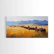 Load image into Gallery viewer, Cowboys Framed Canvas Print Western Country Horse Ride Scenic Art Large Landscape Wall Decor Ideal Holiday and Ranch Home Gift
