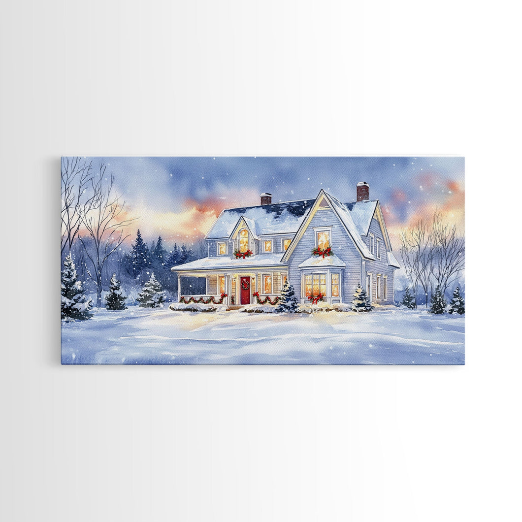 Cozy Winter House with Snowy Landscape, Christmas Decor, Framed Canvas Print, Farmhouse Christmas Decor, Seasonal Wall Art, Gift Idea