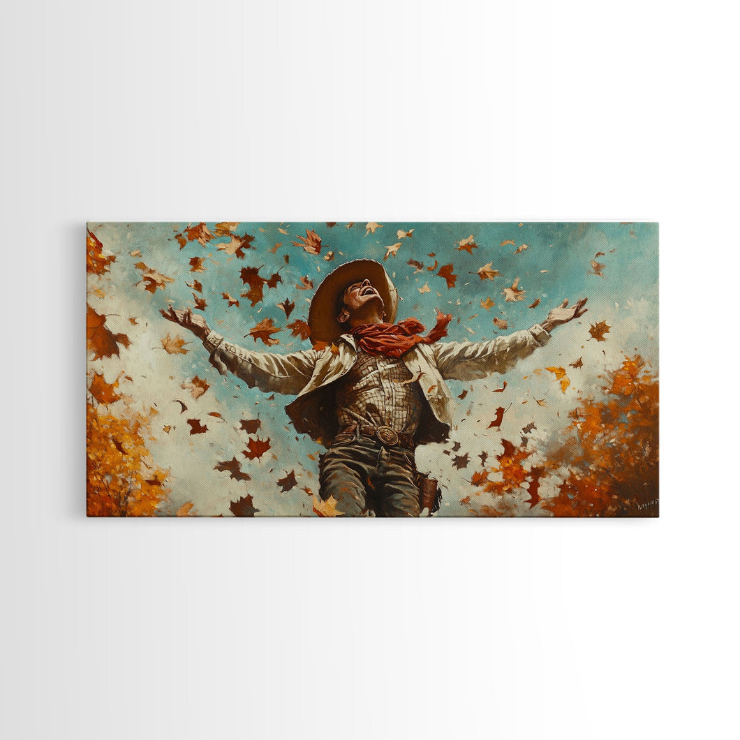 Cowboy Throwing Leaves In The Air, Funny Western Decor, Framed Canvas Print, Mood Lifting Wall Art, Fall Decor