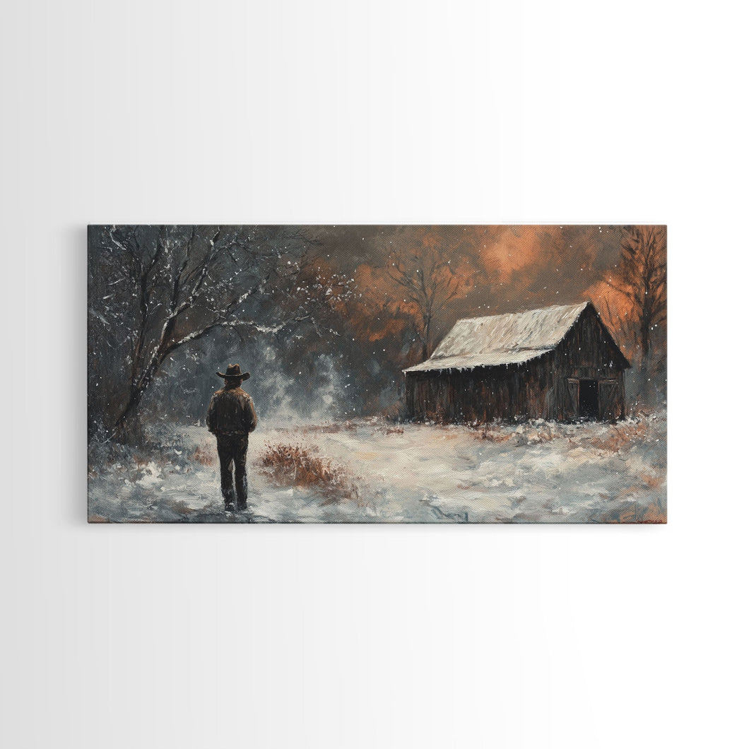 Cowboy On The Farm, Framed Canvas Print Fall Cowboy Wall Art Above Sofa Decor Moody Fall Western Wall Art