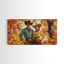 Carregar imagem no visualizador da galeria, Autumn Cowboy In Forest Framed Canvas Print Western Cowboy Wall Art Fall Cowboy Gift Rustic Wall Decor Moody Landscape Above Sofa
