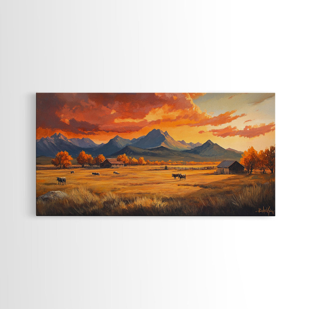 Fall Sunset Framed Canvas Print Scenic Ranch Landscape Art Autumn Wall Decor Ideal Holiday Home Decor and Gift for Farmhouse Style