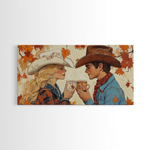 Load image into Gallery viewer, Cowgirl &amp; Cowboy Enjoy Some Hot Chocolate, Art For Couples, Framed Canvas Print, Rustic Farmhouse Home Decor, Wall Art Rustic Decor
