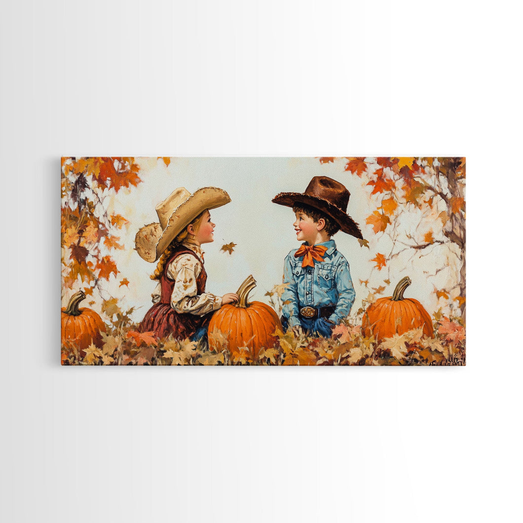Cute Cowboy and Cowgirl In a Pumpkin Patch, Framed Canvas Print, 1950s Style Wall Art, Nursery Decor