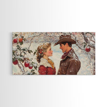 Load image into Gallery viewer, Cowboy and Cowgirl meet under the mistletoe, framed canvas print, cute winter wall art, Christmas home decor, seasonal rustic decor
