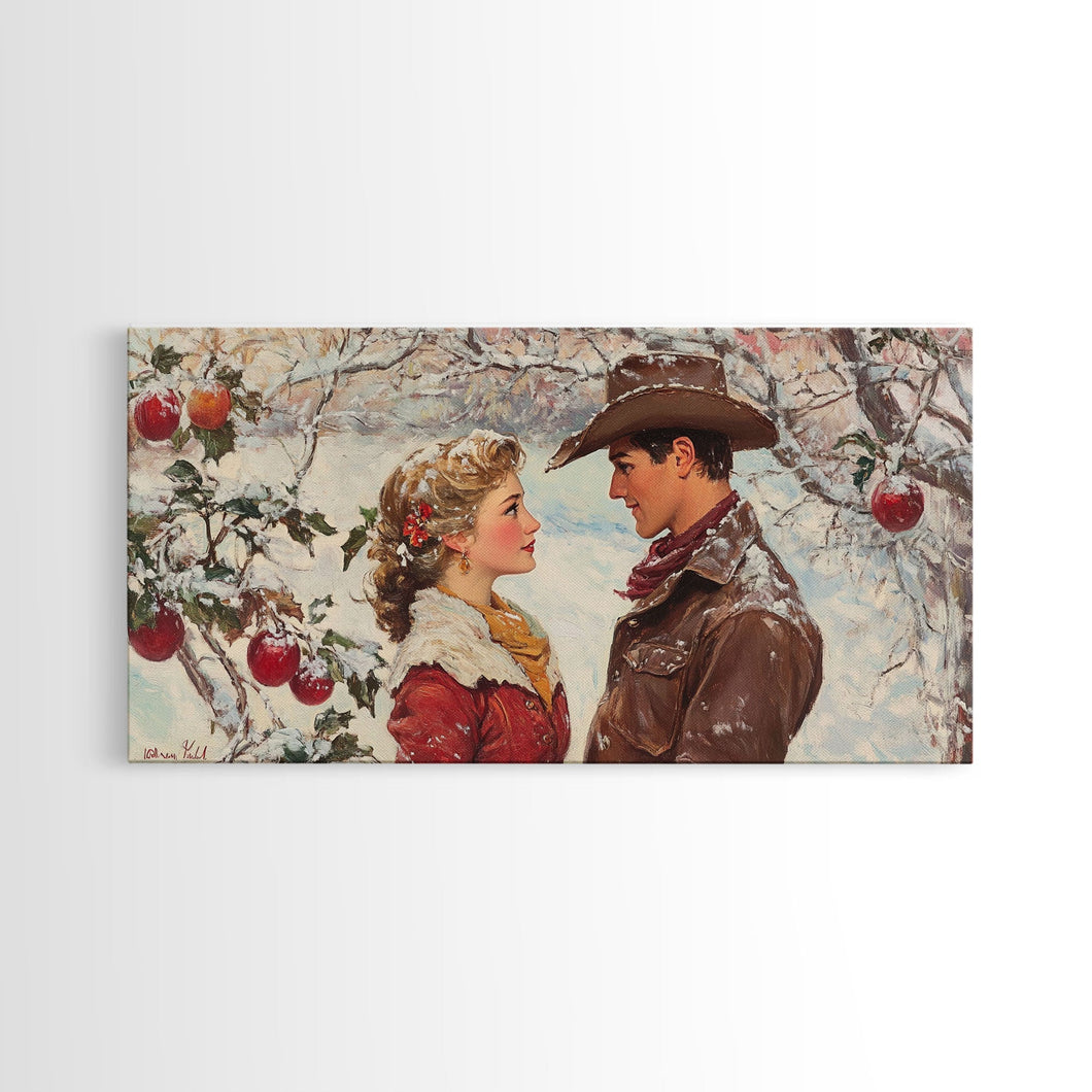 Cowboy and Cowgirl meet under the mistletoe, framed canvas print, cute winter wall art, Christmas home decor, seasonal rustic decor