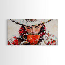 Load image into Gallery viewer, Cowboy in forest with burning fire, deep autumn hues, Framed Canvas Print, moody landscape, fall western art, rustic wall piece, wall decor
