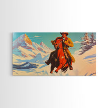 Load image into Gallery viewer, Cowboy in red jacket riding through snow-covered forest, Framed Canvas Print, vibrant winter wall art, rustic western decor
