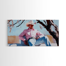 Carregar imagem no visualizador da galeria, Autumn-themed portrait Framed Canvas Print of a woman in a cowboy hat holding a cup of coffee, surrounded by fall leaves, cozy fall decor
