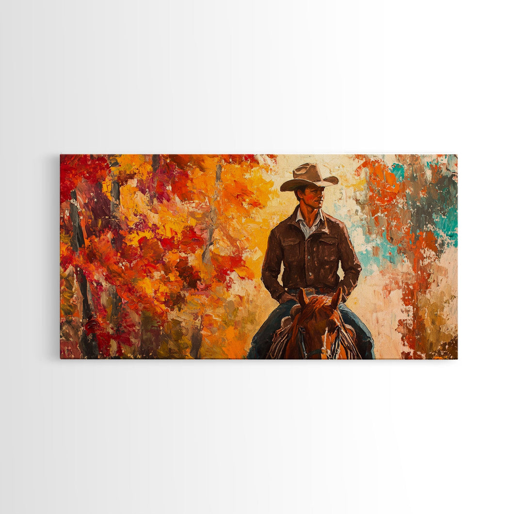 Cowboy Riding Through The Autumn Trees, Framed Canvas Print, Rustic Farmhouse Wall Art, Boho Style Seasonal Watercolor Painting