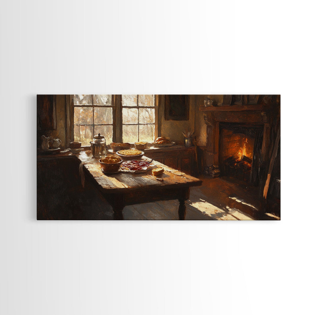Cozy Kitchen Framed Canvas Print Autumn Fireplace Rustic Home Decor Seasonal Fall Art Large Wall Art Gift for Thanksgiving Decor
