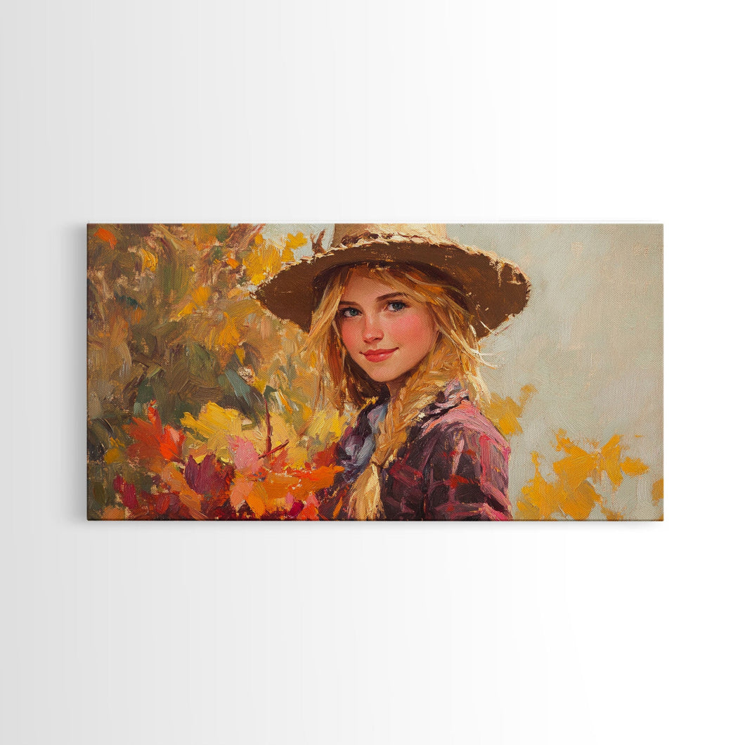 Cowgirl Amongst The Fall Leaves, Framed Canvas Print, Serene Fall Wall Decor, Perfect Rustic Seasonal Wall Art and Gift Idea