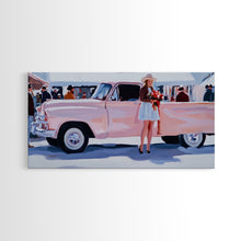 Load image into Gallery viewer, Cute Cowgirl and Her Pink Truck, Framed Canvas Print, Retro Pink Fall Decor, Wall Art Fall Home Decor, Ideal Gift Idea Rustic Seasonal Decor
