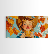 Load image into Gallery viewer, Cowgirl Having A Cup Of Joe, Framed Canvas Print, Farmhouse / Western Rustic Charm, Seasonal Art Piece to Warm Up Your Home Decor This Fall
