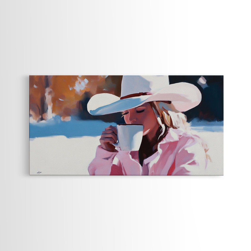 Cowgirl Enjoying A Cup of Coffee, Framed Canvas Print, Winter Wall Art, Pink Decor, Gift For Her, Seasonal Winter Home Decor