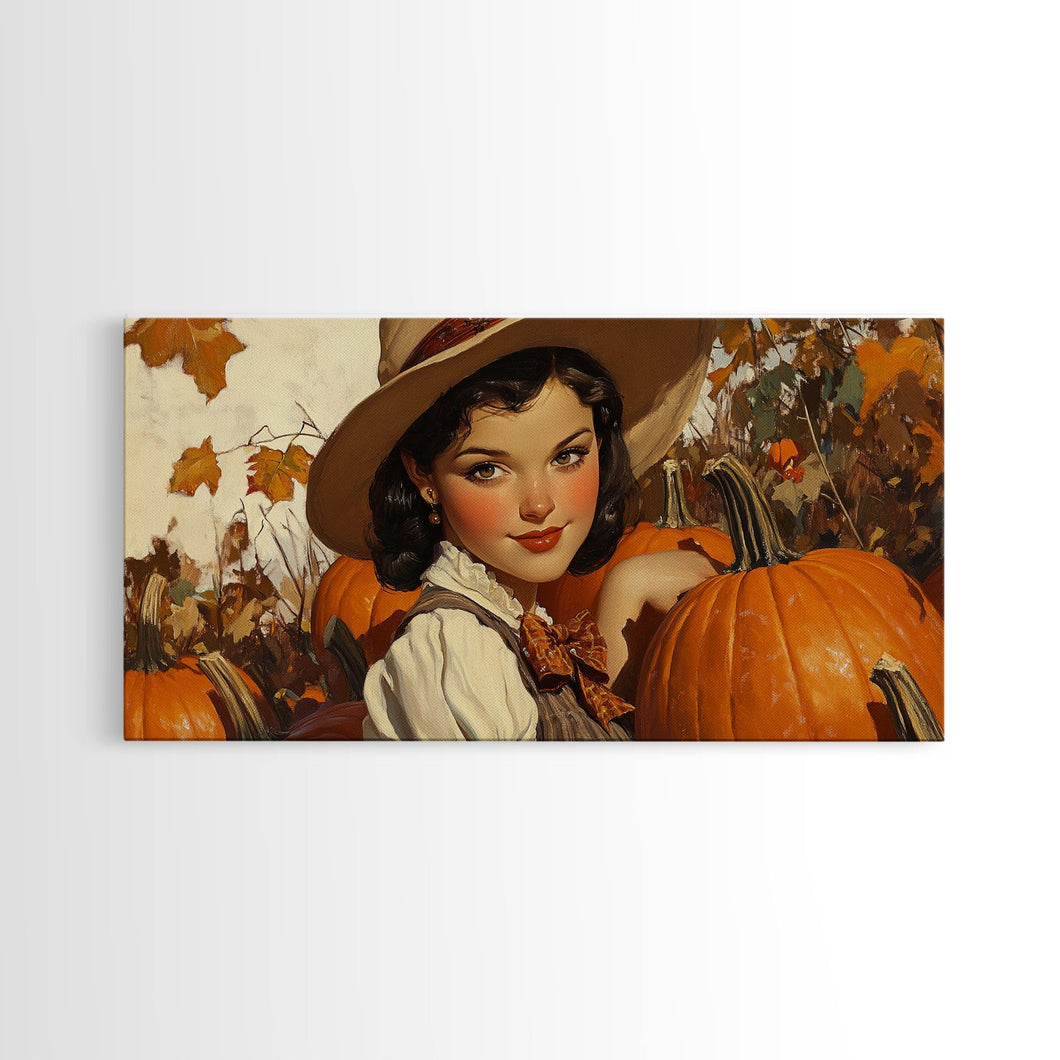 Cowgirl In A Pumpkin Patch, Framed Canvas Print, Retro Style Fall or Thanksgiving Wall Art, Farmhouse Decor, Christmas Wall Decor Gift
