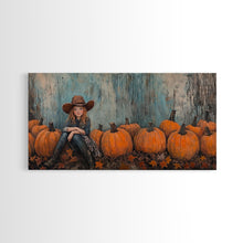 Load image into Gallery viewer, Cute Cowgirl In A Pumpkin Patch, Framed Canvas Print, Fall / Thanksgiving Decor, minimalist seasonal art for autumn or Christmas decor
