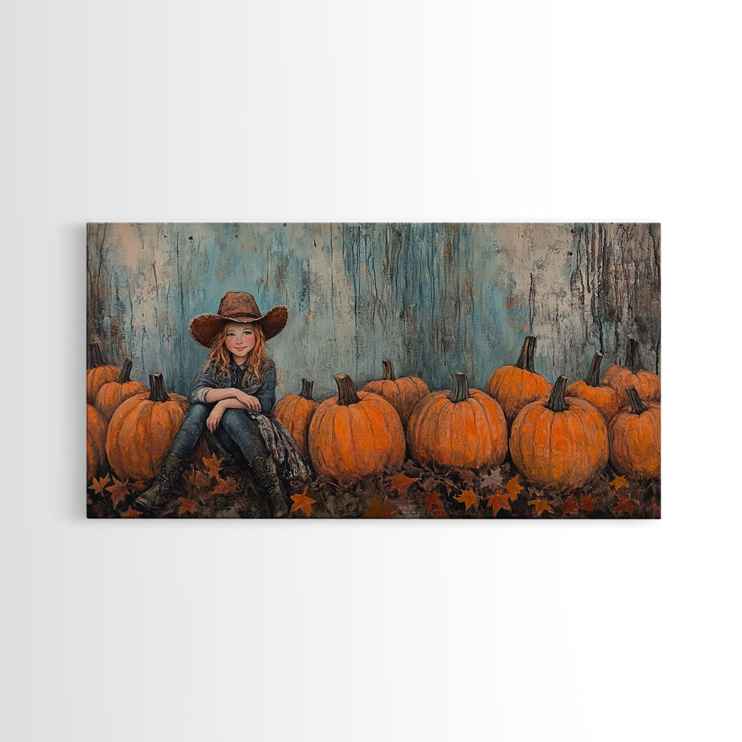 Cute Cowgirl In A Pumpkin Patch, Framed Canvas Print, Fall / Thanksgiving Decor, minimalist seasonal art for autumn or Christmas decor