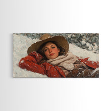 Load image into Gallery viewer, Cowgirl Laying In The Snow Framed Canvas Print, Cute Rustic Decor, Cowgirl Portrait Painting, Winter Wall Art
