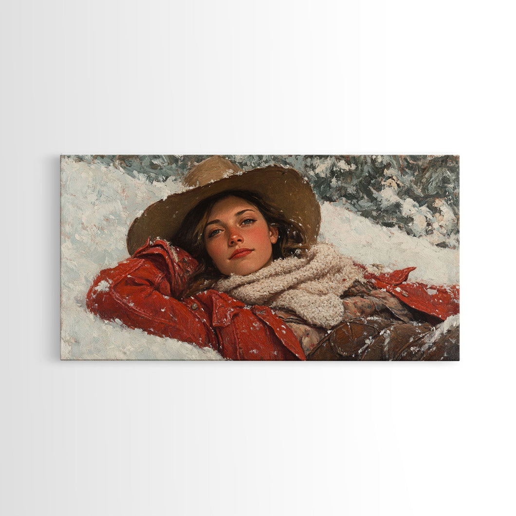 Cowgirl Laying In The Snow Framed Canvas Print, Cute Rustic Decor, Cowgirl Portrait Painting, Winter Wall Art